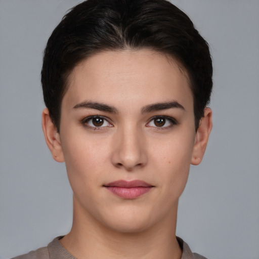 Neutral white young-adult female with short  brown hair and brown eyes