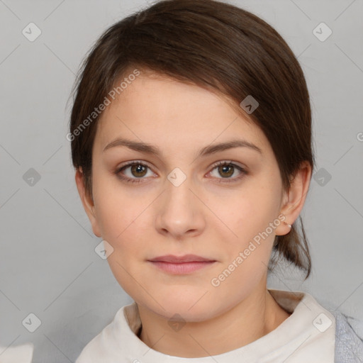 Neutral white young-adult female with short  brown hair and brown eyes