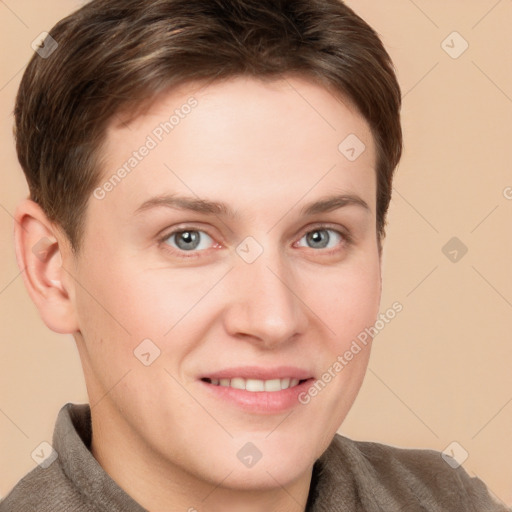 Joyful white young-adult female with short  brown hair and grey eyes