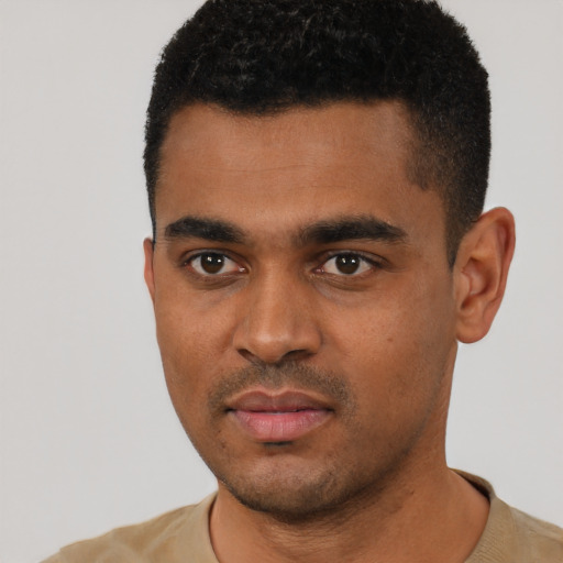 Joyful black young-adult male with short  black hair and brown eyes