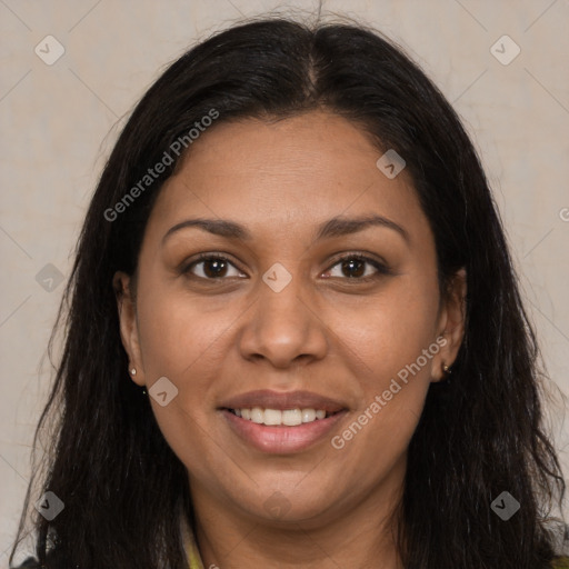 Joyful latino young-adult female with long  brown hair and brown eyes