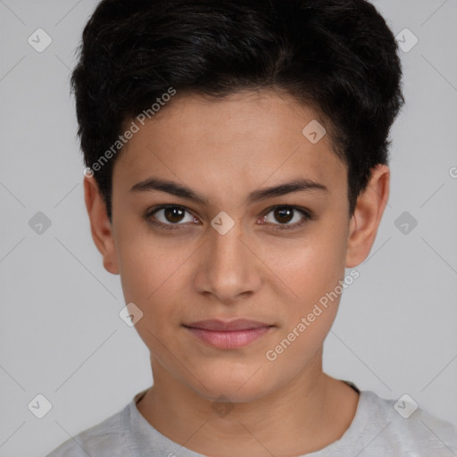 Neutral white young-adult female with short  brown hair and brown eyes