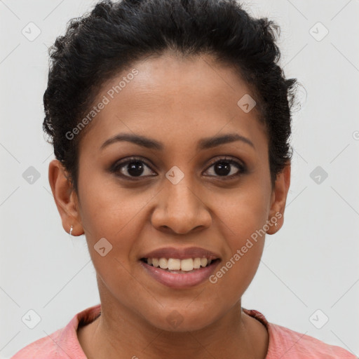 Joyful latino young-adult female with short  brown hair and brown eyes