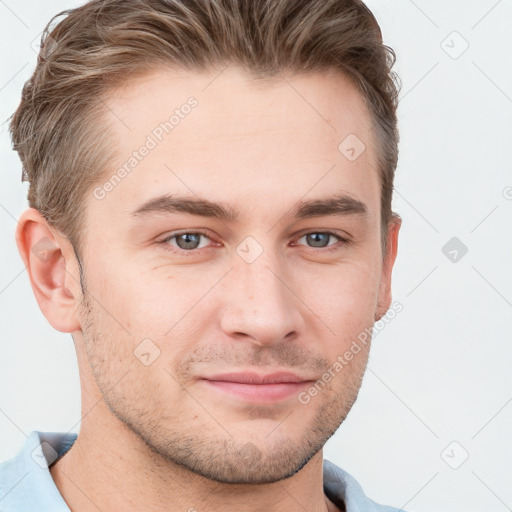 Neutral white young-adult male with short  brown hair and grey eyes