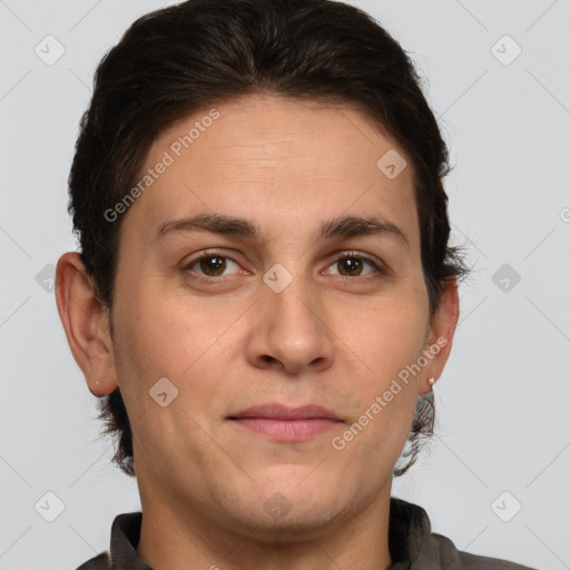 Joyful white young-adult male with short  brown hair and brown eyes