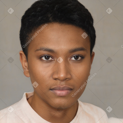 Neutral latino young-adult female with short  brown hair and brown eyes
