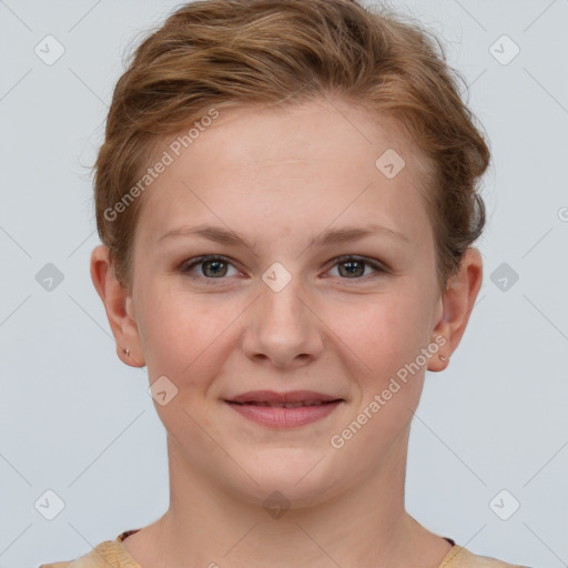 Joyful white young-adult female with short  brown hair and grey eyes