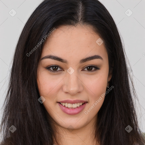 Joyful asian young-adult female with long  brown hair and brown eyes