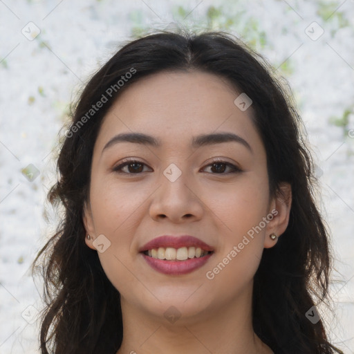 Joyful asian young-adult female with long  brown hair and brown eyes