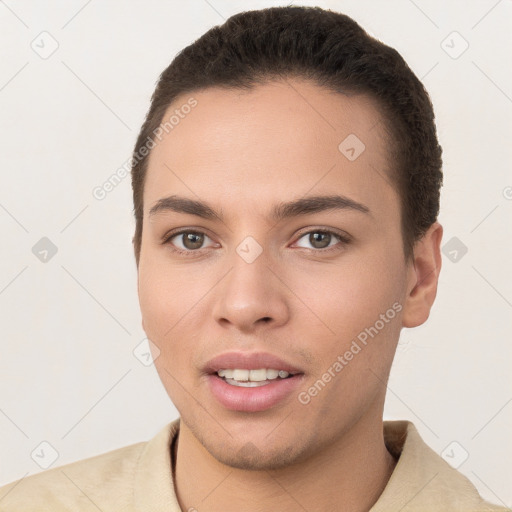 Joyful white young-adult female with short  brown hair and brown eyes