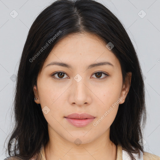 Neutral asian young-adult female with long  brown hair and brown eyes