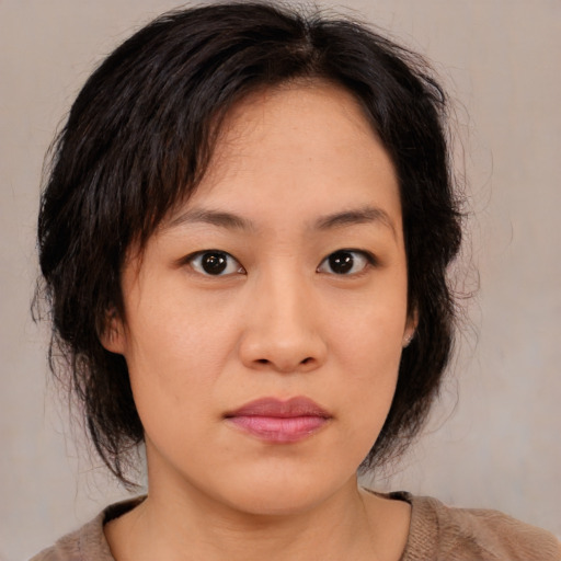 Neutral asian young-adult female with medium  brown hair and brown eyes