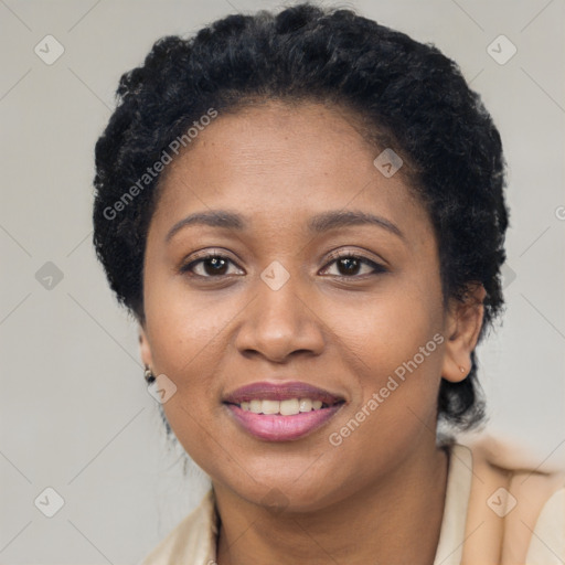 Joyful latino young-adult female with short  black hair and brown eyes