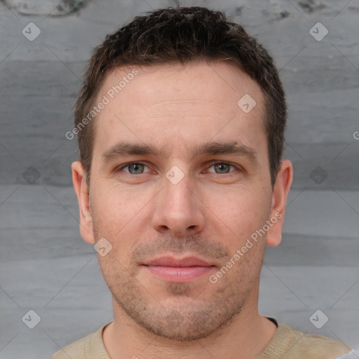 Joyful white young-adult male with short  brown hair and brown eyes