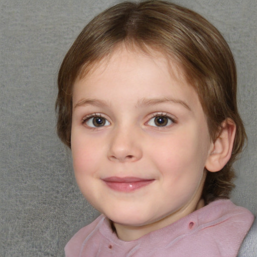 Joyful white child female with medium  brown hair and blue eyes