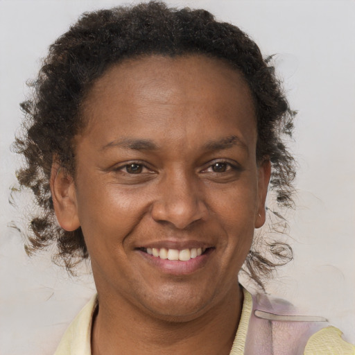 Joyful black adult female with short  brown hair and brown eyes