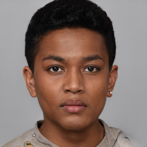 Neutral black young-adult male with short  black hair and brown eyes