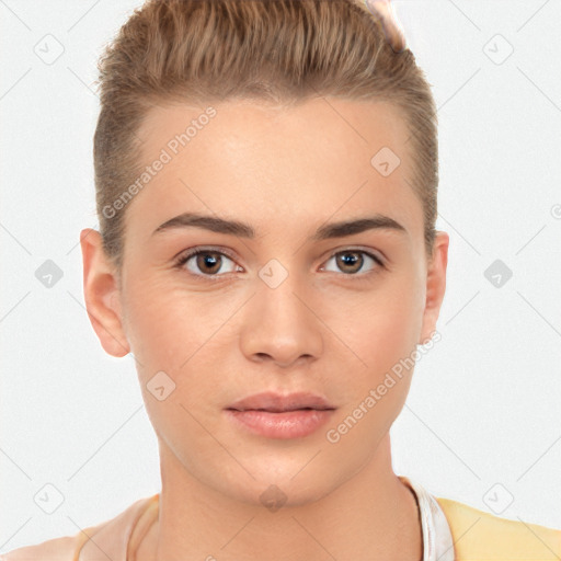 Neutral white young-adult female with short  brown hair and brown eyes