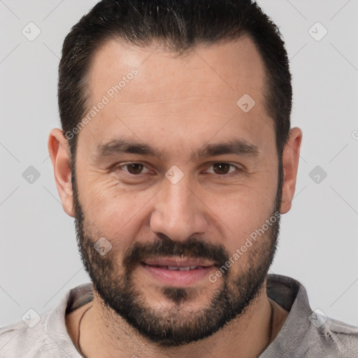 Joyful white adult male with short  brown hair and brown eyes