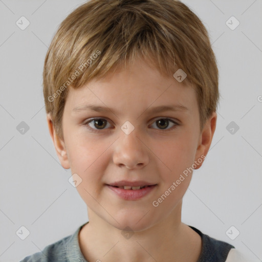 Joyful white child male with short  brown hair and brown eyes