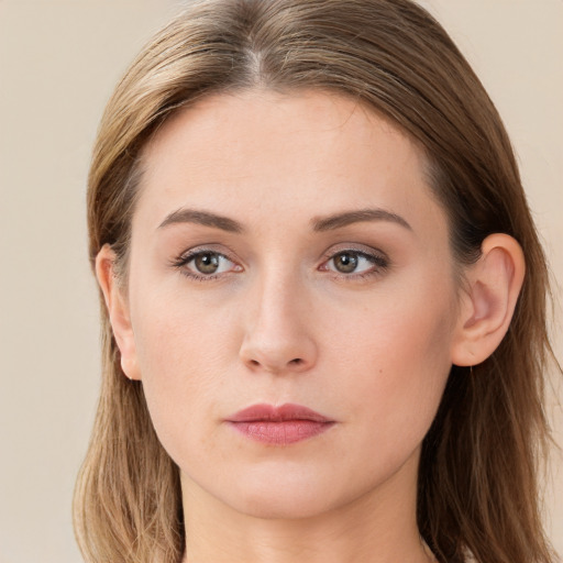 Neutral white young-adult female with long  brown hair and grey eyes