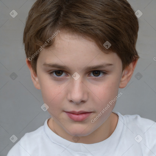 Joyful white child female with short  brown hair and brown eyes