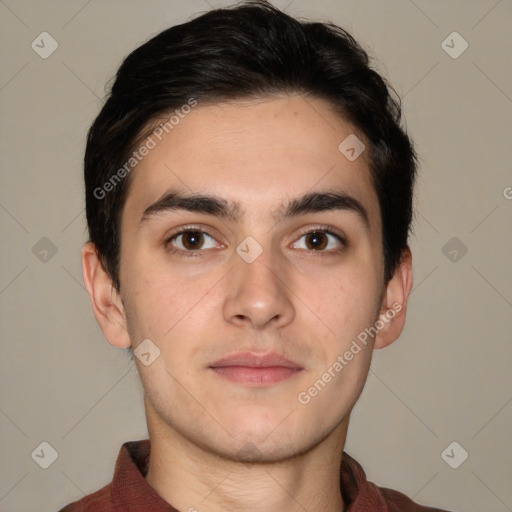 Neutral white young-adult male with short  brown hair and brown eyes