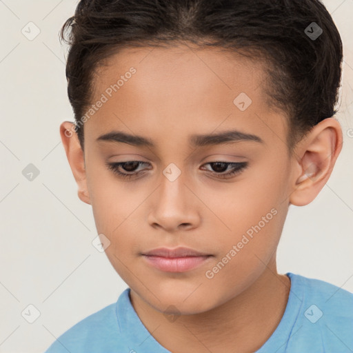 Joyful white child female with short  brown hair and brown eyes