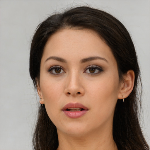 Neutral asian young-adult female with long  brown hair and brown eyes