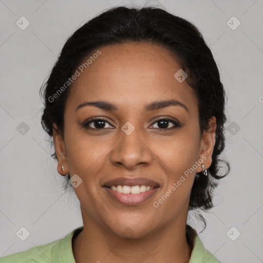 Joyful latino young-adult female with long  brown hair and brown eyes