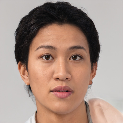 Neutral asian young-adult female with short  brown hair and brown eyes