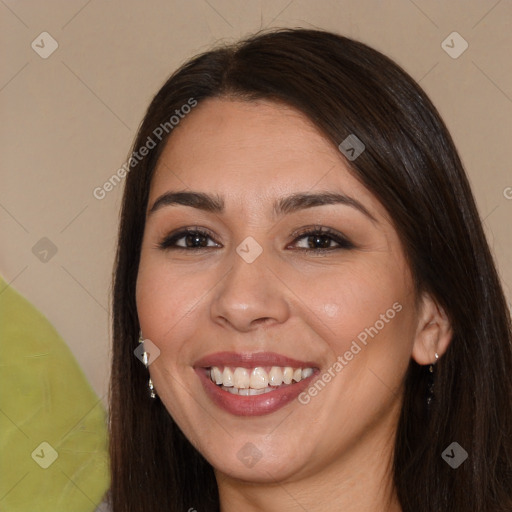 Joyful white young-adult female with long  brown hair and brown eyes