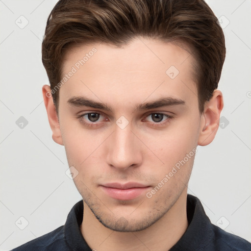 Neutral white young-adult male with short  brown hair and brown eyes