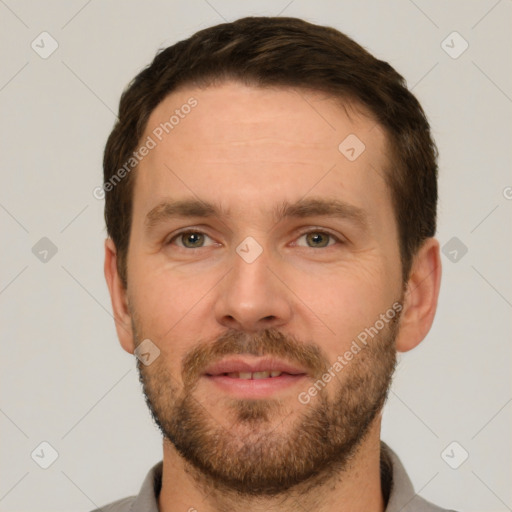 Neutral white young-adult male with short  brown hair and brown eyes