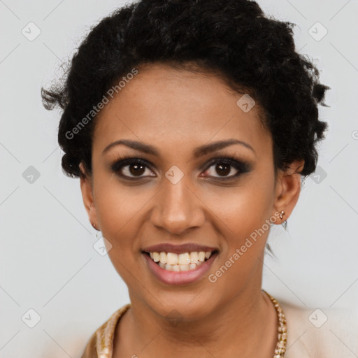 Joyful latino young-adult female with short  brown hair and brown eyes