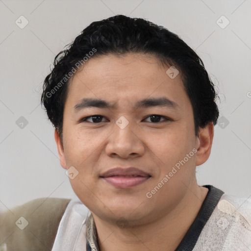 Joyful asian young-adult male with short  black hair and brown eyes