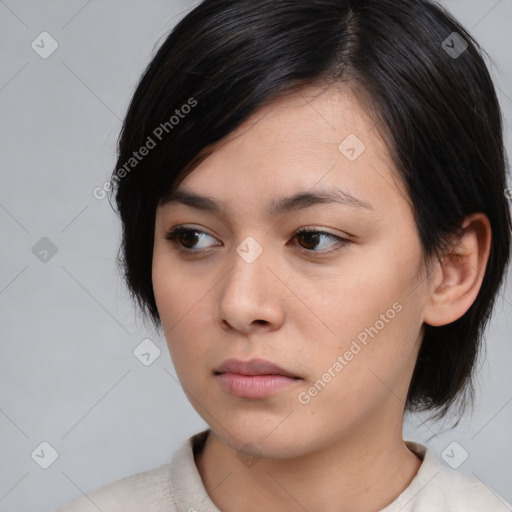 Neutral asian young-adult female with medium  black hair and brown eyes