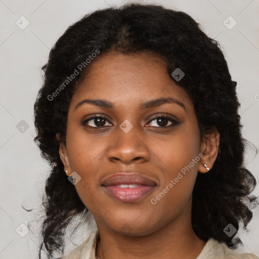 Joyful black young-adult female with medium  black hair and brown eyes