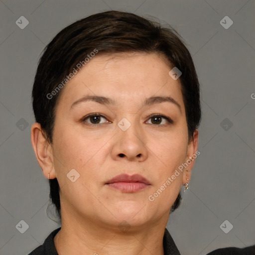 Neutral white adult female with short  brown hair and brown eyes