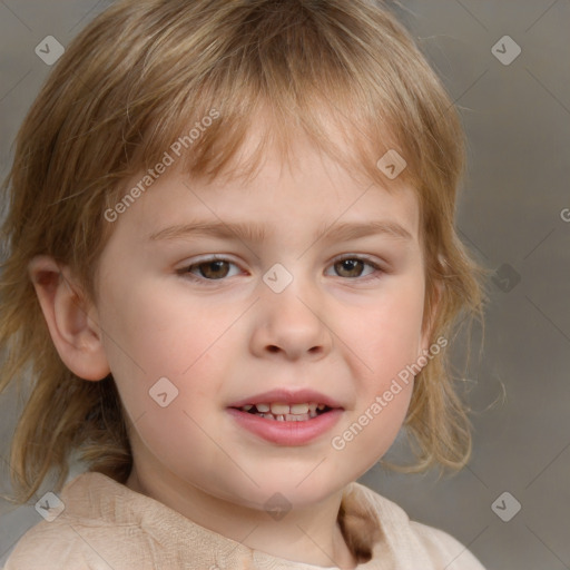 Joyful white child female with medium  brown hair and grey eyes