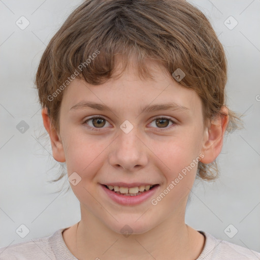 Joyful white child female with medium  brown hair and grey eyes