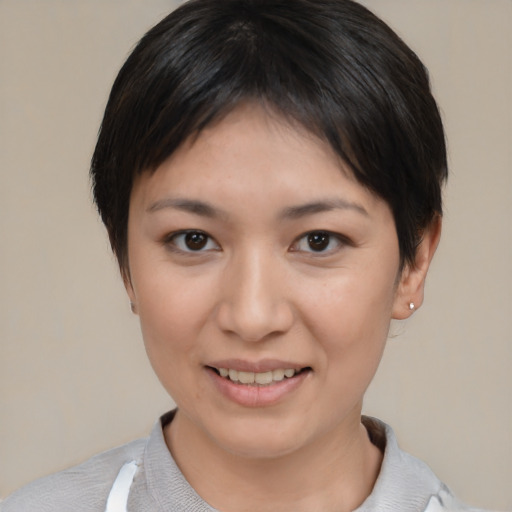 Joyful asian young-adult female with short  brown hair and brown eyes