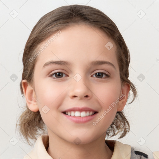 Joyful white child female with medium  brown hair and brown eyes