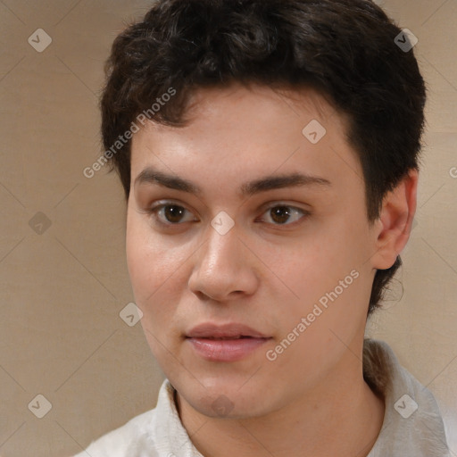 Neutral white young-adult female with short  brown hair and brown eyes