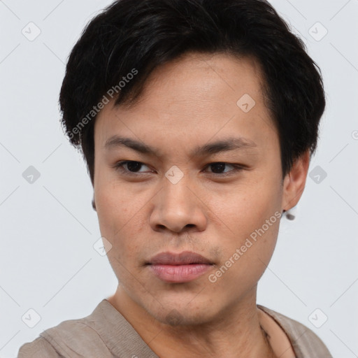Neutral asian young-adult male with short  brown hair and brown eyes