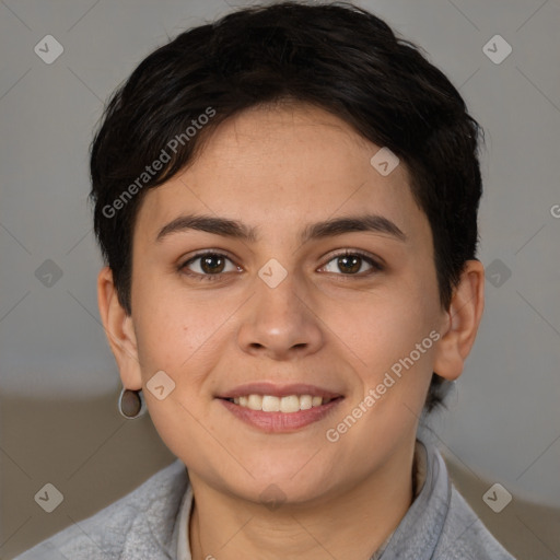 Joyful white young-adult female with short  brown hair and brown eyes