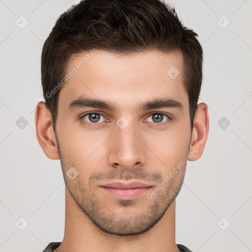 Neutral white young-adult male with short  brown hair and brown eyes