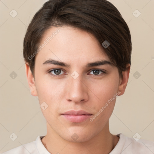 Neutral white young-adult male with short  brown hair and brown eyes