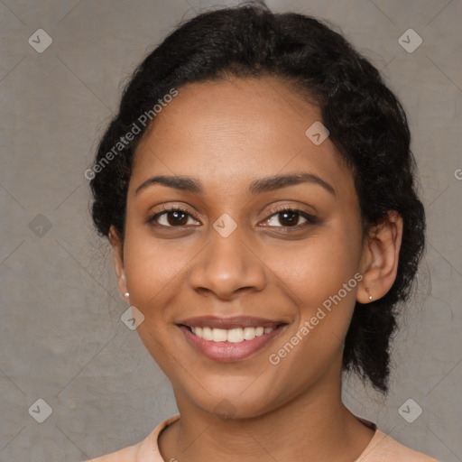 Joyful latino young-adult female with short  black hair and brown eyes