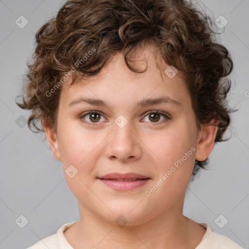 Joyful white child female with medium  brown hair and brown eyes